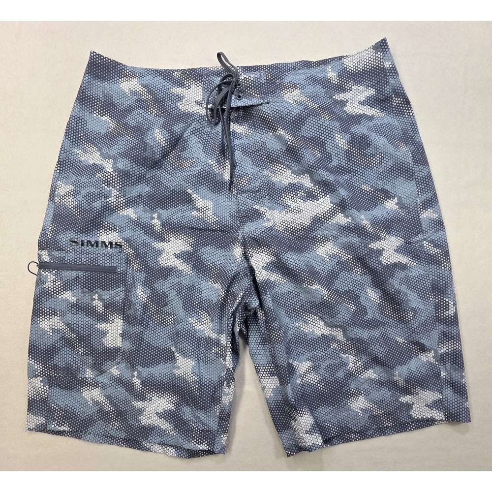 Simms Solarflex Board Shorts Men 38 LIMITED USE Geometric Camo Surf Swim Fishing